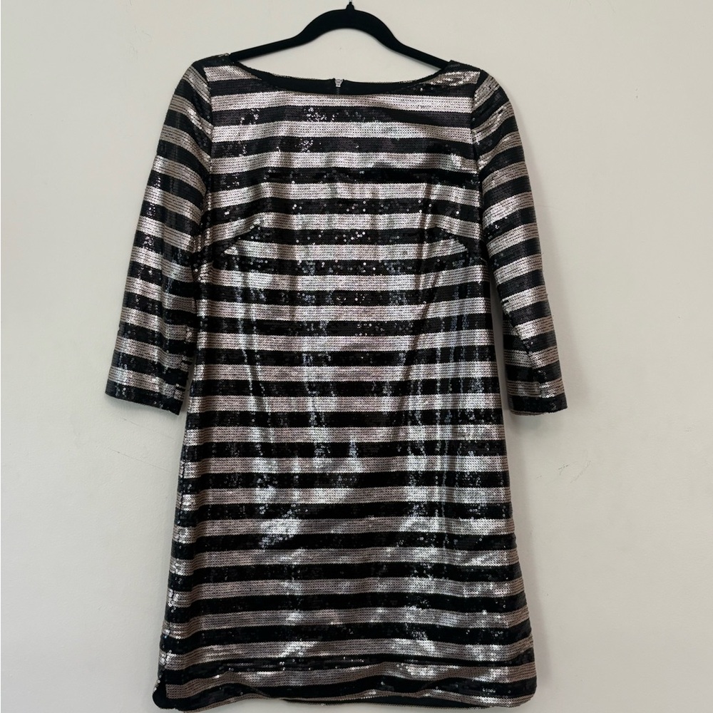 Vince Camuto Black and Silver Striped Mini Dress
